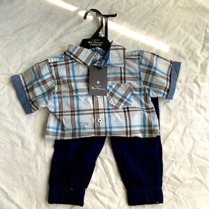 Ben Sherman Baby Boys 2-Piece Plaid Shirt and Navy Pants Set - Size 12M - NWT